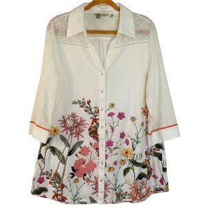 Soft Surroundings Colleen Button Front Top Shirt Blouse Eyelet Floral L bv